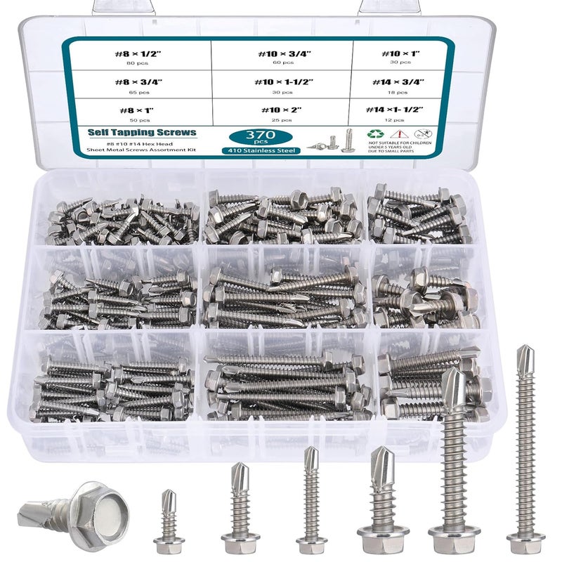 SATANTECH #8#10#14 Self Drilling Screws Assortment Kit,410 Stainless Steel Self Tapping Sheet Metal Screws Hex Washer Head,370Pcs Self Tapping Screws for Metal Wood Plastic,1/2" 3/4" 1" 1-1/2" 2" - Image 1