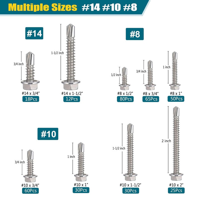 SATANTECH #8#10#14 Self Drilling Screws Assortment Kit,410 Stainless Steel Self Tapping Sheet Metal Screws Hex Washer Head,370Pcs Self Tapping Screws for Metal Wood Plastic,1/2" 3/4" 1" 1-1/2" 2" - Image 2