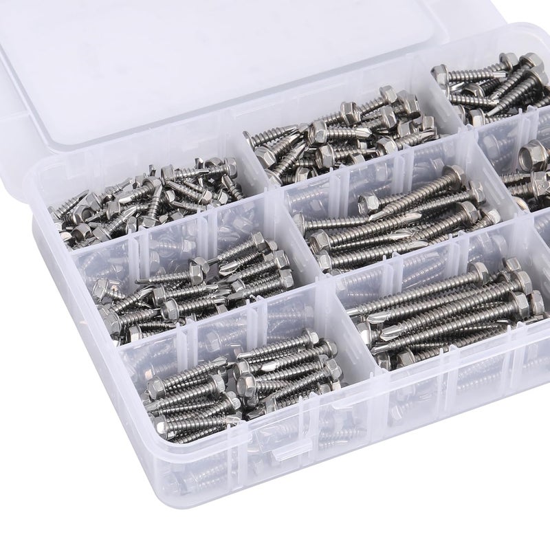 SATANTECH #8#10#14 Self Drilling Screws Assortment Kit,410 Stainless Steel Self Tapping Sheet Metal Screws Hex Washer Head,370Pcs Self Tapping Screws for Metal Wood Plastic,1/2" 3/4" 1" 1-1/2" 2" - Image 5