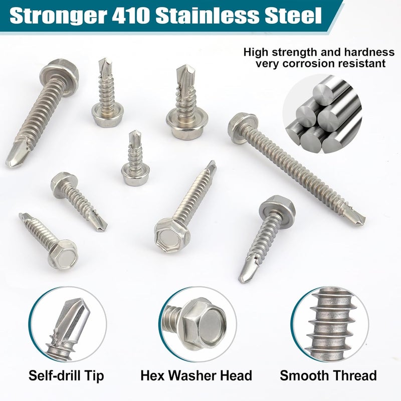 SATANTECH #8#10#14 Self Drilling Screws Assortment Kit,410 Stainless Steel Self Tapping Sheet Metal Screws Hex Washer Head,370Pcs Self Tapping Screws for Metal Wood Plastic,1/2" 3/4" 1" 1-1/2" 2" - Image 3