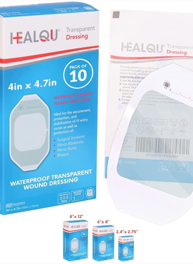 HEALQU - Transparent Film Dressing, 4" x 4 3/4" Box of 10 - Waterproof Wound Bandage Adhesive Patches, Post Surgical Shower or IV Shield, Tattoo Aftercare Bandage by Healqu - Image 1