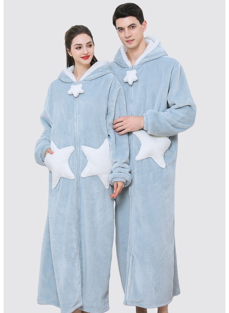 إسكدنيا يونيسكس الشتاء طويل سميك زيبر مكبوس فستان ليلي فلانيل رداء حمام بيجاما أزرق فاتح - Image 3