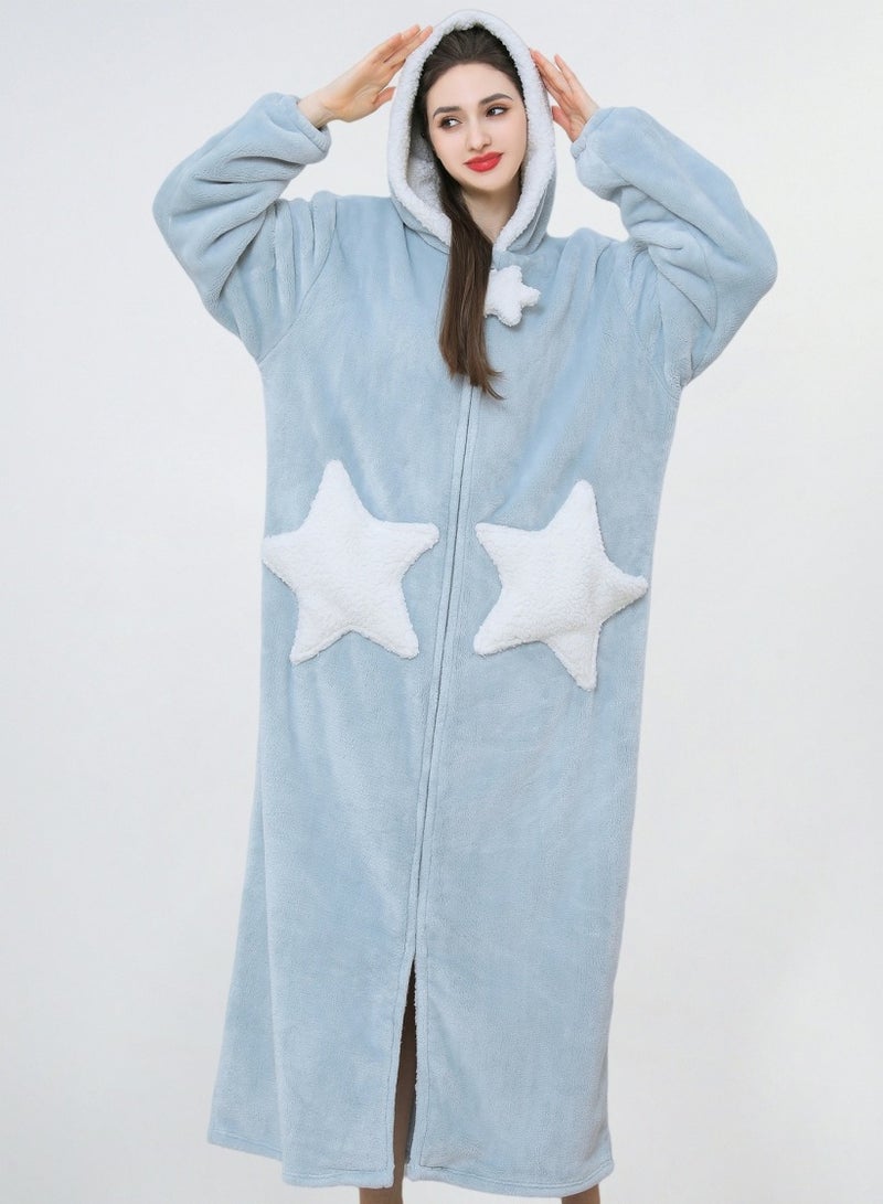 إسكدنيا يونيسكس الشتاء طويل سميك زيبر مكبوس فستان ليلي فلانيل رداء حمام بيجاما أزرق فاتح - Image 1