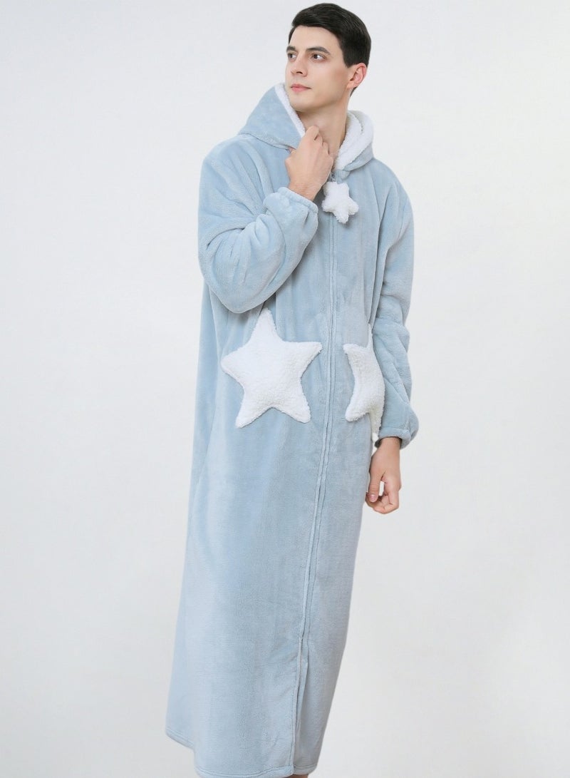 إسكدنيا يونيسكس الشتاء طويل سميك زيبر مكبوس فستان ليلي فلانيل رداء حمام بيجاما أزرق فاتح - Image 2