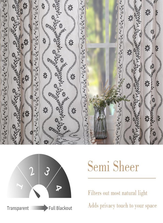 Schweek Boho Curtains 2 Panels Set, Farmhouse Linen Semi Sheer Floral Curtains for Living Room, 84 Inches Long Vintage Printed Patterned Curtain with Tassels Rustic Country Curtain Drapes - Image 3