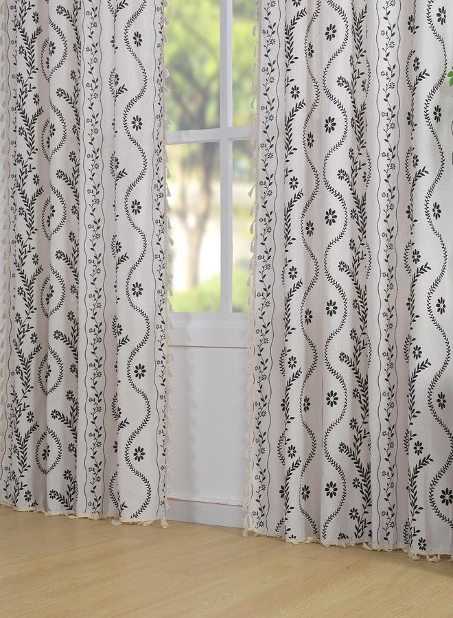 Schweek Boho Curtains 2 Panels Set, Farmhouse Linen Semi Sheer Floral Curtains for Living Room, 84 Inches Long Vintage Printed Patterned Curtain with Tassels Rustic Country Curtain Drapes - Image 2