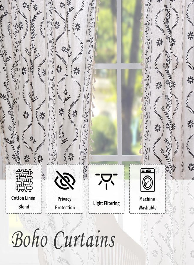 Schweek Boho Curtains 2 Panels Set, Farmhouse Linen Semi Sheer Floral Curtains for Living Room, 84 Inches Long Vintage Printed Patterned Curtain with Tassels Rustic Country Curtain Drapes - Image 4