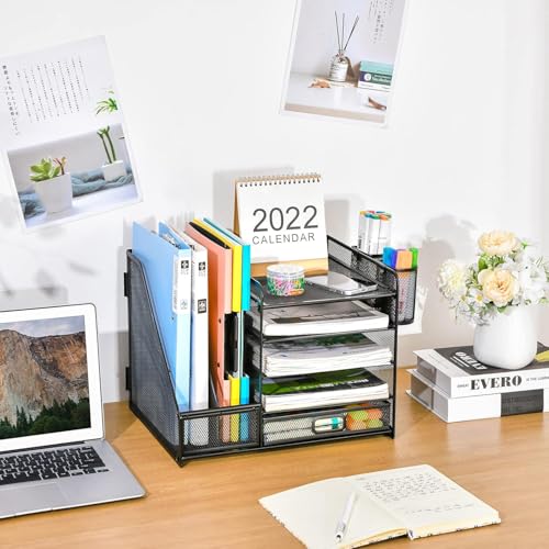 ZODZE Desk Organizer With File Holder, 5-Tier Paper Letter Tray Organizer With Drawer And 2 Pen Holder, Mesh Desktop Organizer And Storage With Magazine Holder For Office Supplies,Black - Image 3