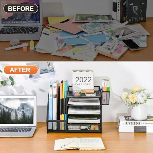 ZODZE Desk Organizer With File Holder, 5-Tier Paper Letter Tray Organizer With Drawer And 2 Pen Holder, Mesh Desktop Organizer And Storage With Magazine Holder For Office Supplies,Black - Image 5