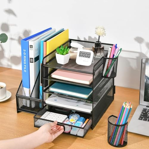 ZODZE Desk Organizer With File Holder, 5-Tier Paper Letter Tray Organizer With Drawer And 2 Pen Holder, Mesh Desktop Organizer And Storage With Magazine Holder For Office Supplies,Black - Image 4