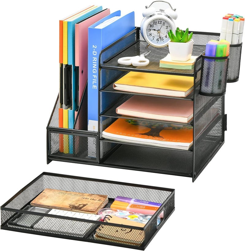 ZODZE Desk Organizer With File Holder, 5-Tier Paper Letter Tray Organizer With Drawer And 2 Pen Holder, Mesh Desktop Organizer And Storage With Magazine Holder For Office Supplies,Black - Image 2