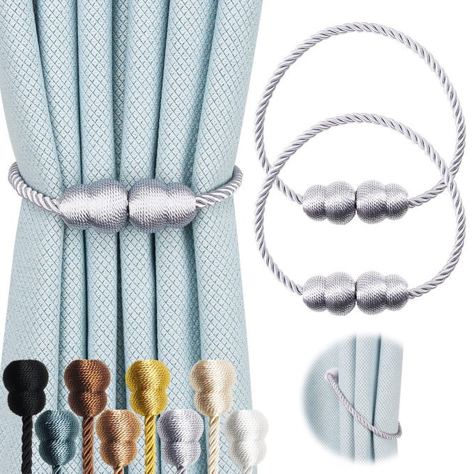 Magnetic Curtain Tiebacks 2 Pack Rope Decorative Curtain Tie Backs Elegant Curtain Holders for Drapes Outdoor Window Treatment Holdbacks Grey