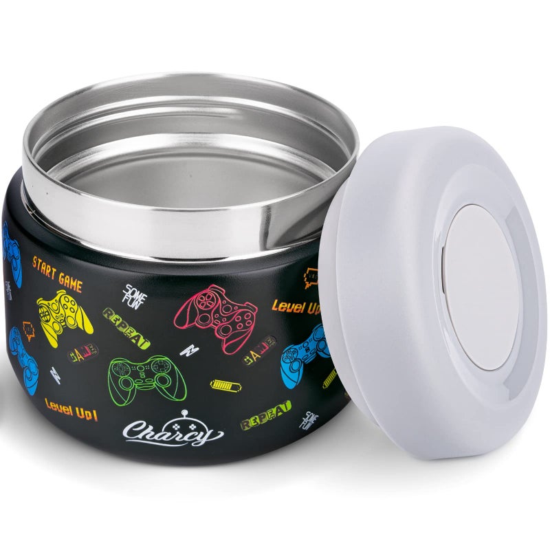 Charcy 9oz Kids Stainless Steel Insulated Food Jar Wide Mouth LeakProof Soup Thermo Container Set for 8h Hot and 6h Cold Black Handle
