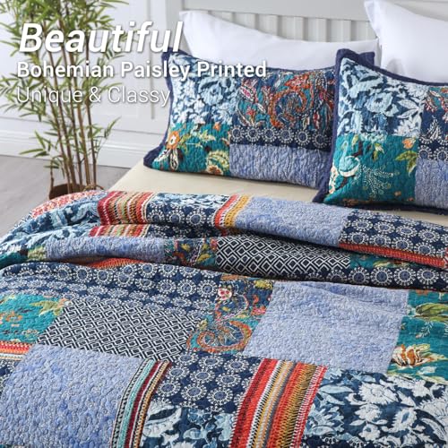 Yvooxny King Quilt Set Reversible Lightweight Bohemian Paisley Patchwork Cotton Quilted Bedspread Coverlet Set 3-Piece Bedding Set with Pillowcases for All Seasons, King Size, 108 * 96 Inches - Image 3