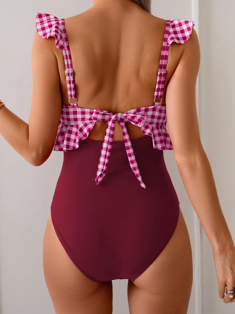 Eomenie One Piece Swimsuit for Women Tummy Control Ruffle Bathing Suit V Neck Ruched Swim Suit Slimming Cutout Swimwear - Image 2