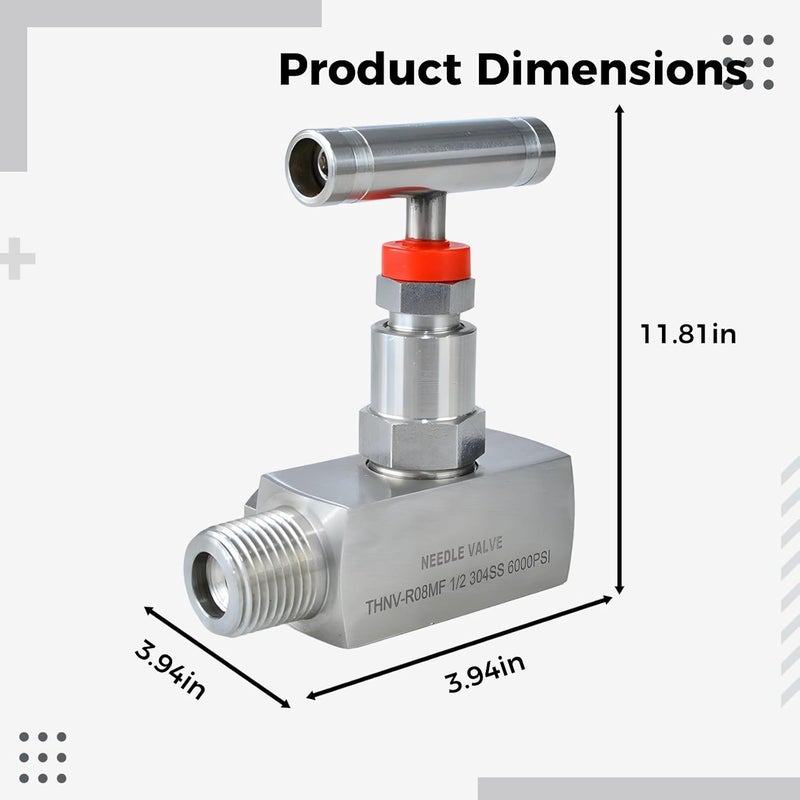 6000 Psi Hydraulic Flow Control with Vent, Stainless Steel Needle Valve 1/2 Npt for Oil, Water, Gas, 304 Steel, Wide Temp Range: -4-500 ℉ - Image 4
