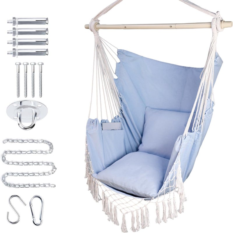 PIRNY Hammock Chair Hanging Rope Swing Chair,Max 500 Lbs, Large Hanging Chair with Pocket, 2 Cushions, Steel Bar with Anti-Slip Rings, Hardware Kit Included, Comfortable for Indoor Outdoor (Blue) - Image 1