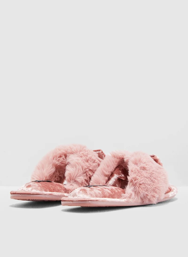 Pretty You London Faux-Fur Toe-Post With Diamante Embellishment