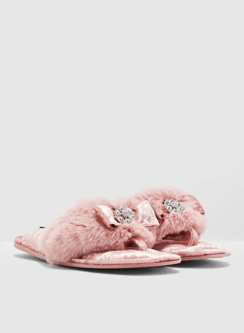 Pretty You London Faux-Fur Toe-Post With Diamante Embellishment