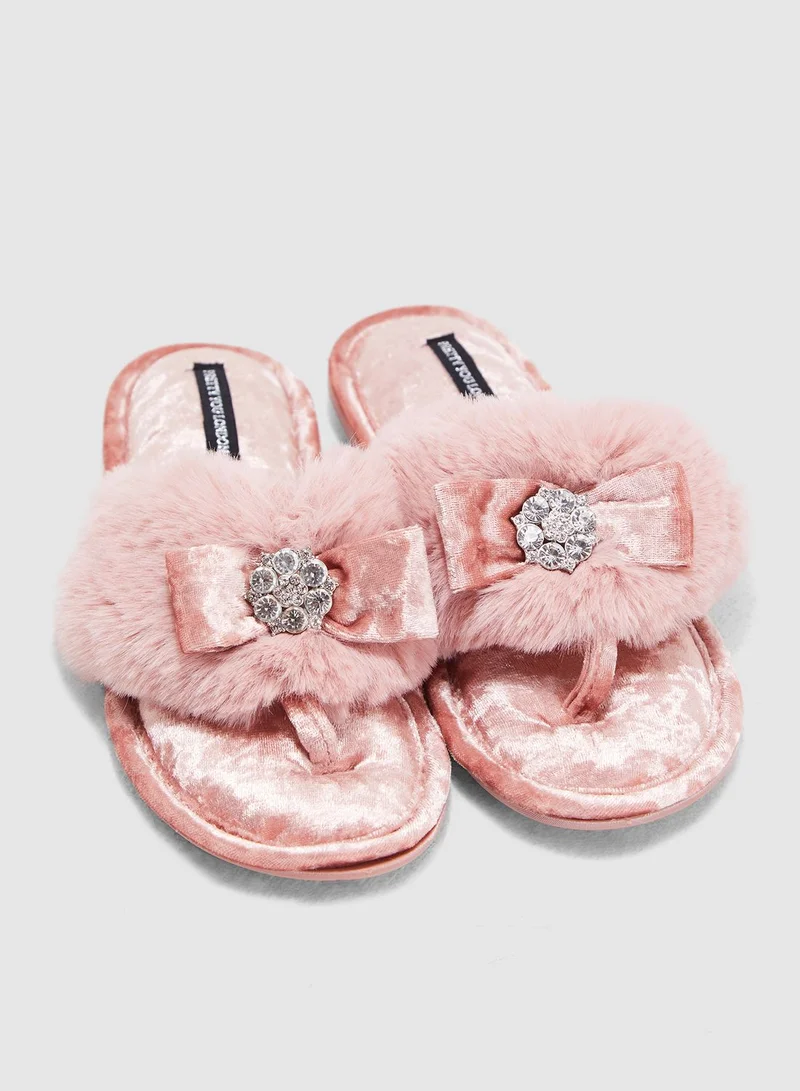 Pretty You London Faux-Fur Toe-Post With Diamante Embellishment