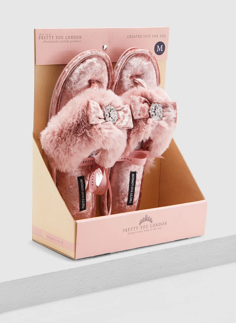 Pretty You London Faux-Fur Toe-Post With Diamante Embellishment