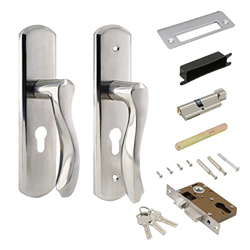 LDEXIN Front Door Lock Set Double Cylinder Handle and Deadbolt Lock Set with Door Lever 57 Screw Hole Distance Silver - Image 1