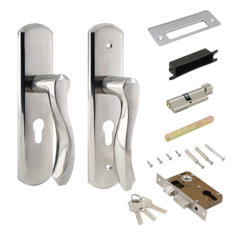 LDEXIN Front Door Lock Set Double Cylinder Handle and Deadbolt Lock Set with Door Lever 57 Screw Hole Distance Silver - Image 2