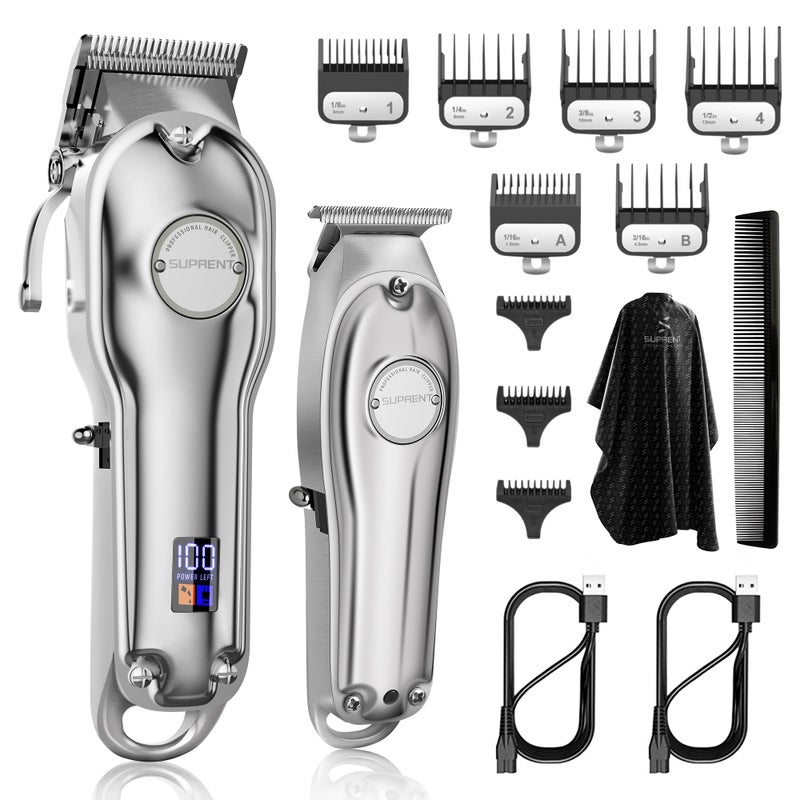 SUPRENT PRO Professional Hair Clippers for Men Hair Cutting Kit Zero Gap TBlade Trimmer Combo Cordless Barber Clipper Set with LED Display for Mens Gifts Silver
