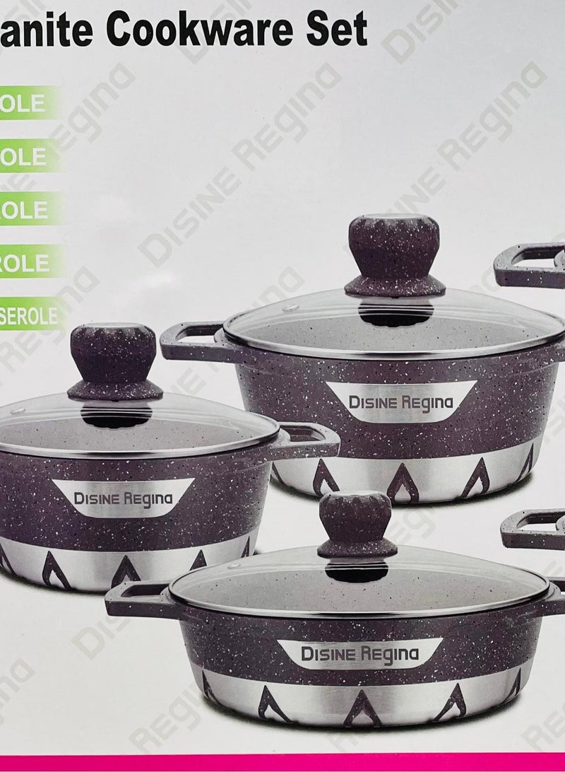 ديسين ريجينا طقم أواني طهي من الجرانيت المتين غير القابل للالتصاق مكون من 10 قطع رمادي/شفاف كسرولة صغيرة جدًا 20، كسرولة صغيرة 24، كسرولة متوسطة 28، كسرولة كبيرة 32، كسرولة ضحلة 28 سم رمادي/شفاف جدًا - Image 5