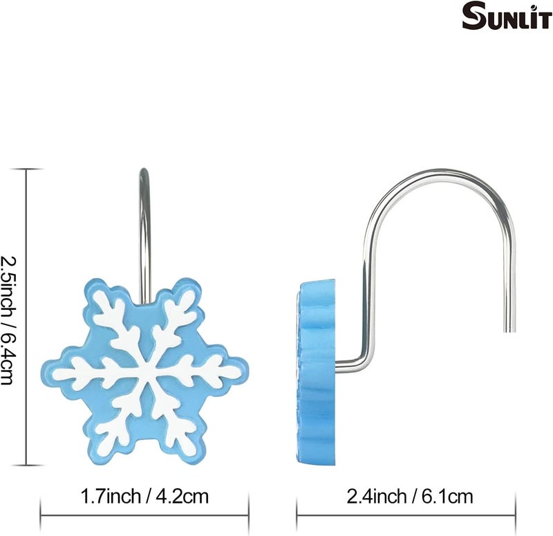 Sunlit Christmas Shower Curtain Hooks Snowflakes Shower Curtain Rings, Resin, Light Blue and White Christmas Decor, Winter Bathroom Decoration - 12 Pack - Image 3