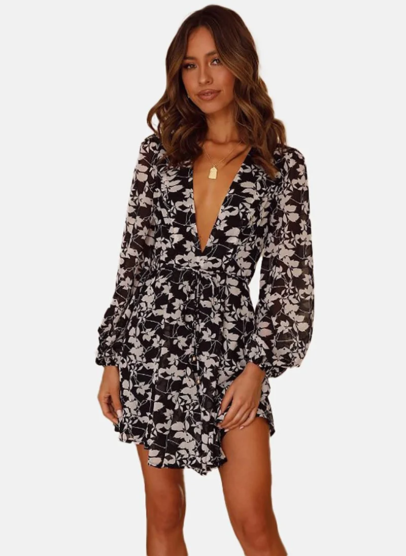 يونيكي Black Floral Print Fit & Flare Dress