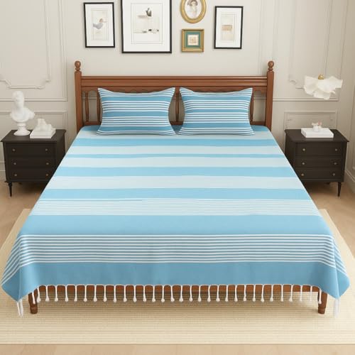 Värde 210 TC Cotton Double Bedsheet with 2 Pillow Cover | Handloom Bedsheets for Double Bed | Handmade Bedsheet | Double Bedsheet for Summer | Breathable Size 90X100 Inches (Hippie Blue) - Image 2