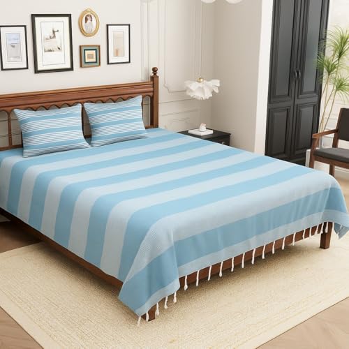 Värde 210 TC Cotton Double Bedsheet with 2 Pillow Cover | Handloom Bedsheets for Double Bed | Handmade Bedsheet | Double Bedsheet for Summer | Breathable Size 90X100 Inches (Hippie Blue) - Image 1
