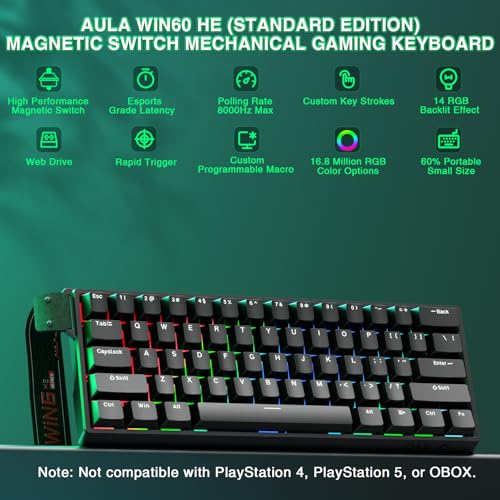 CORBOBO Aula WIN60 HE - 60% Mechanical Gaming Keyboard Wired, Magnetic Switch Hot Swappable, Adjustable Actuation Rapid Trigger Mode, 8000 Hz Polling Rate, RGB Small Keyboard 60 Percent Compact Design for PC - Image 2