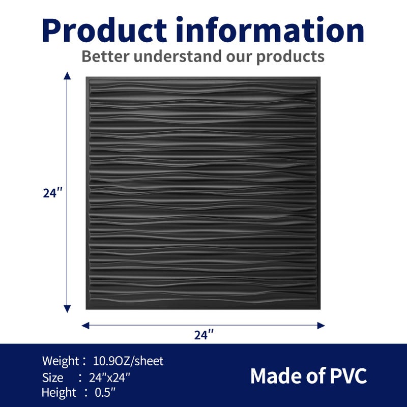 Art3dwallpanels Ceiling Tiles 24 x 24 for Interior Wall DÃ©cor, 12 Pack Drop Ceiling Tile 3D Wall Panel Fire Rated Waterproof Premium PVC, No Sag and Breakage Wall Panels Cover 48.Sq.Ft. Black - Image 3