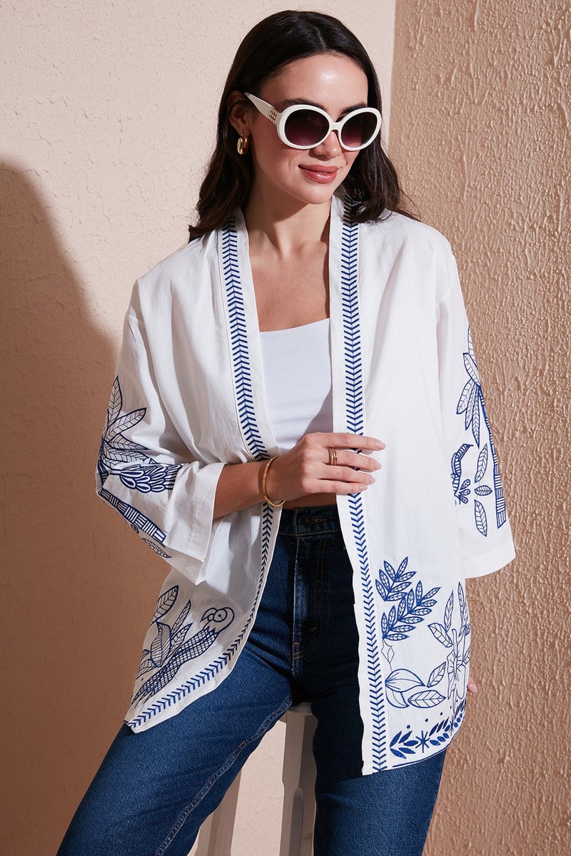Lela Embroidered Cotton Oversize Fit Three Quarter Sleeve Kimono Women's Kimono 676302 - Image 1