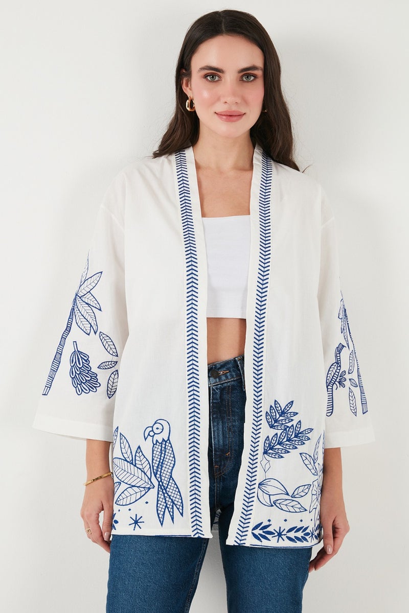 Lela Embroidered Cotton Oversize Fit Three Quarter Sleeve Kimono Women's Kimono 676302 - Image 4
