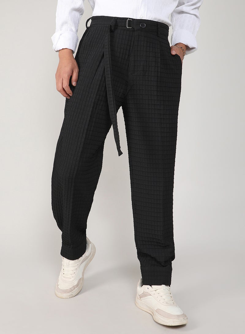 Campus Sutra Campus Sutra Men's Midnight Black Textured Graph Check Trousers For Casual Wear | 4 Pockets | Mid- Rise | Button Closure | Trousers Crafted With Comfort Fit For Everyday Wear - Image 1