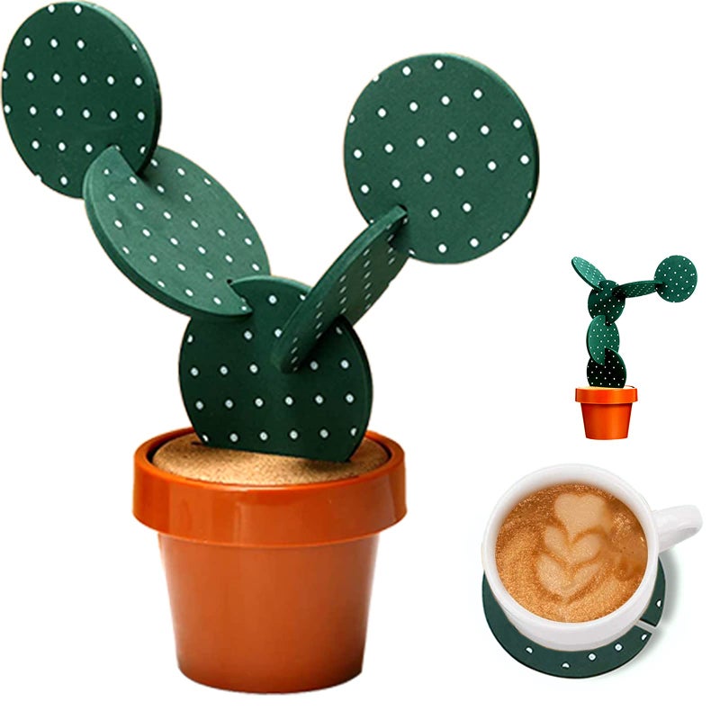 Sirensky Cactus Coasters Set for Drinks of 6 Pieces,Funny Coasters Cactus Gift with Flowerpot Holder for Home Office Bar Decor - Image 1