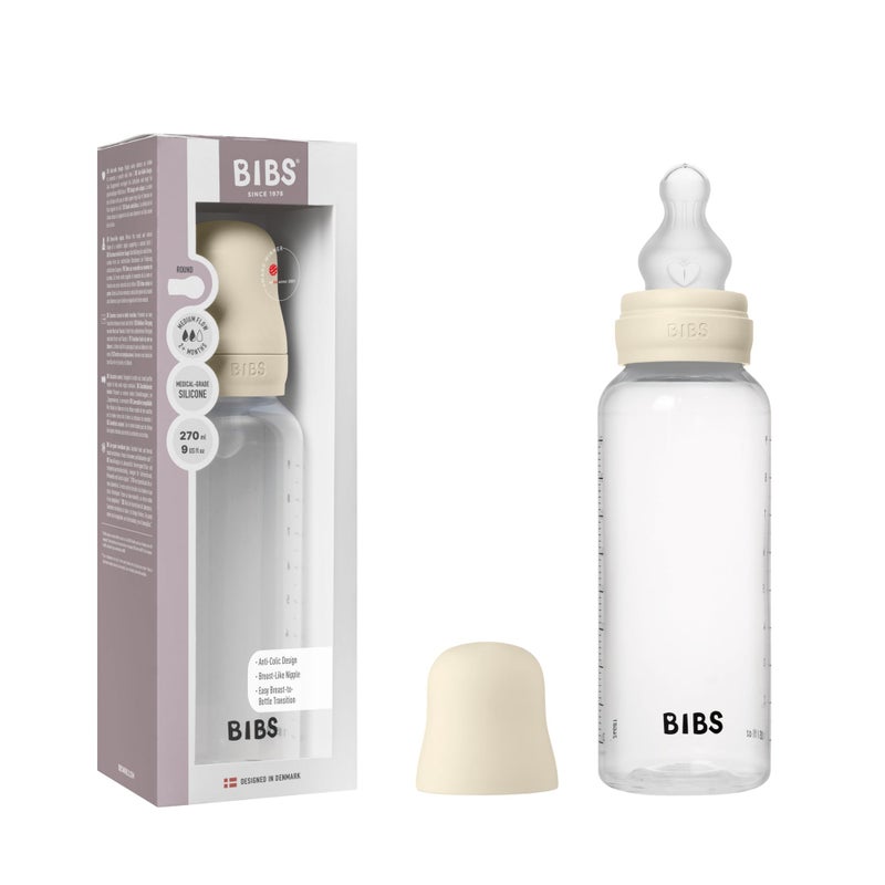 BIBS Baby Bottle 270 ml Silicone Nipple - Anti-Colic, BPA-Free, Round Nipple, Medium Flow, Lightweight & Easy to Clean, Suitable for Newborns 0+ Years - Ivory