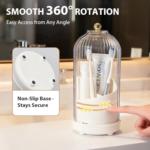 Banafich 3-Slot Rotating Toothbrush Holders with Lid, Enclosed Toothbrush Holders for Bathrooms, Countertop Plastic Toothpaste Holder with Cover, Makeup Brush Holder for Vanity, Utensil Storage(White) - Image 3