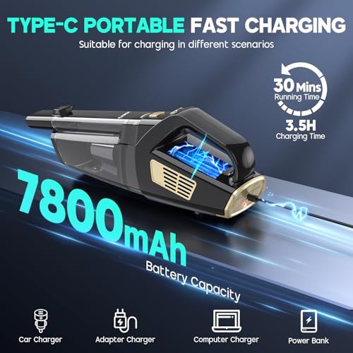CKIKH Handheld Vacuum Cordless, 15000PA Strong Suction Hand Held Car Vacuum Cleaner Portable with Multi-Nozzles & Washable Filter, Lightweight Rechargeable Vacuum Cleaner for Home, Car, Office, Pets - Image 4