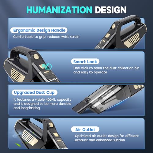 CKIKH Handheld Vacuum Cordless, 15000PA Strong Suction Hand Held Car Vacuum Cleaner Portable with Multi-Nozzles & Washable Filter, Lightweight Rechargeable Vacuum Cleaner for Home, Car, Office, Pets - Image 5
