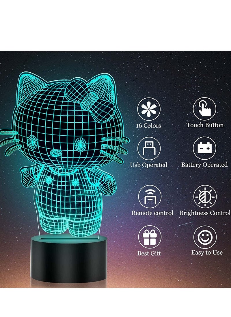 althiqahkey - 3D LED Night Light Table Desk Lamp 16 Color Optical Illusion Lights Hello Kitty - Image 1