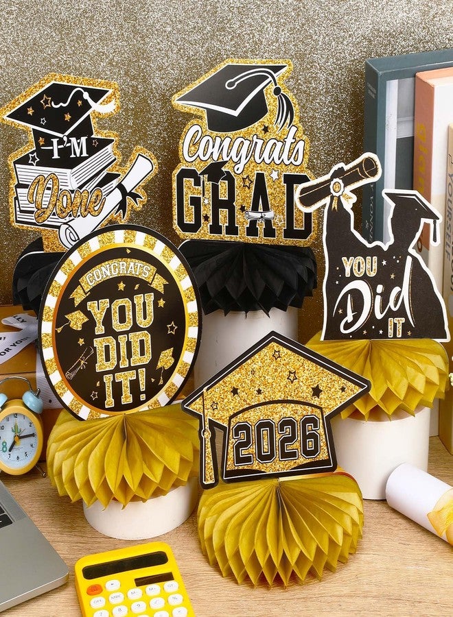 DTOFOOT 10 PCS Graduation Party Decorations Class of 2026,Gold and Black Congrats Grad Honeycomb Centerpiece for Table Congratulate Graduation Table Toppers for Graduation Party Favor Supplies - Image 4