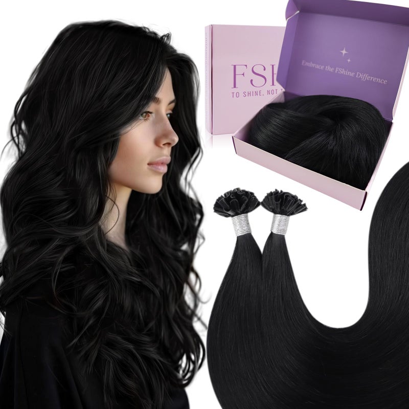 Fshine K Tip Hair Extensions 22 Inch Jet Black U Tip 50g/50s Keratin Bonding Human Hair Extensions Long Straight Remy Hair - Image 1