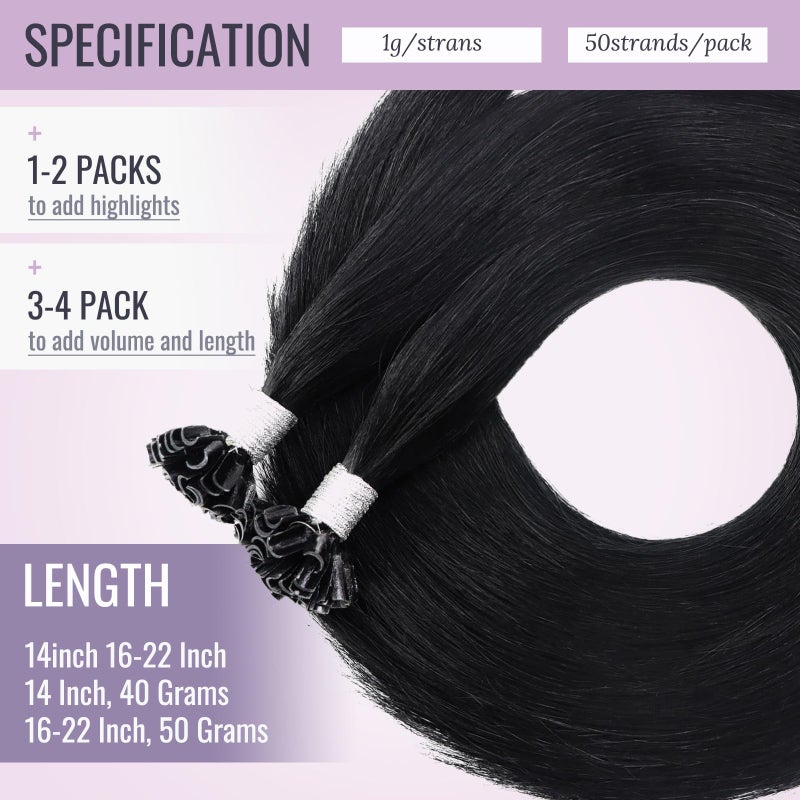 Fshine K Tip Hair Extensions 22 Inch Jet Black U Tip 50g/50s Keratin Bonding Human Hair Extensions Long Straight Remy Hair - Image 5