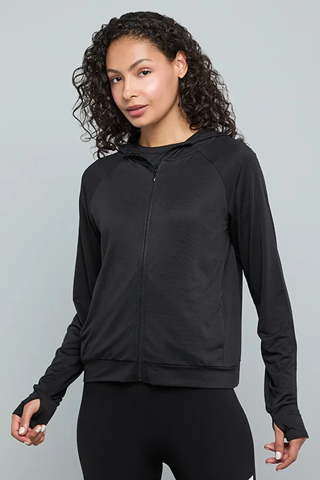 R&B Solid Active Hooded Jacket with Zipper Closure