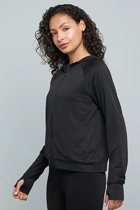 R&B Solid Active Hooded Jacket with Zipper Closure