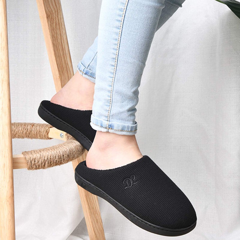 DL Womens Memory Foam Slippers, Cozy Slip on House Slippers for Women Indoor Outdoor, Comfy Women's Bedroom Slippers Warm Soft Flannel Lining Home Slippers Size 7-8 Black - Image 2